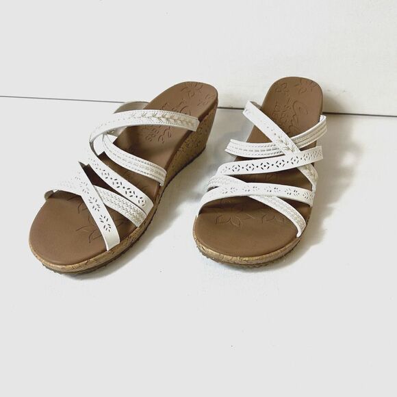 Skechers Cali Luxe Foam Wedge Cork Sandals Women's 11 Slip On White Faux Leather - Picture 2 of 10